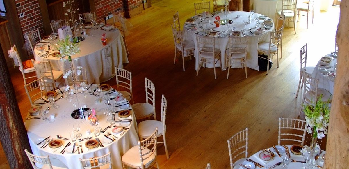 Gaynes Park’s Mill Barn set up for a wedding reception – Essex wedding venues