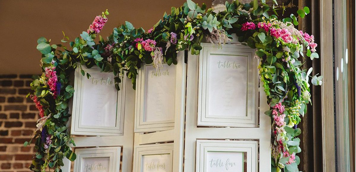 Spring flowers used to decorate a wedding table plan – venue hire Essex