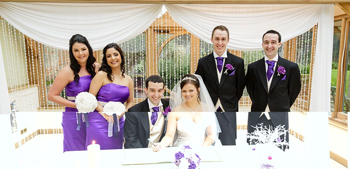 Bride and groom with their bridesmaids and groomsmen dressed in purple – wedding venues in Essex