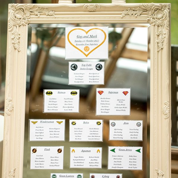 The couple’s wedding table plan was presented on a mirror for a sophisticated look – wedding ideas