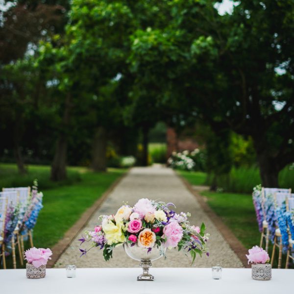 Wedding flowers in the outdoor space at Gaynes Park
