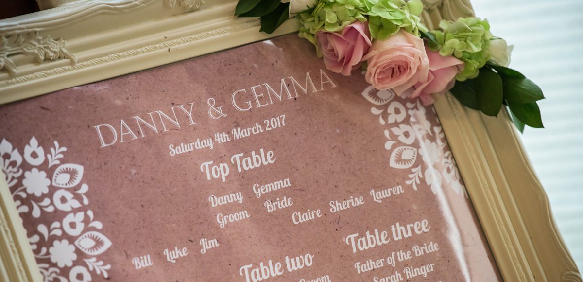 A blush pink and white table plan was adorned with spring wedding flowers perfect for a rustic wedding
