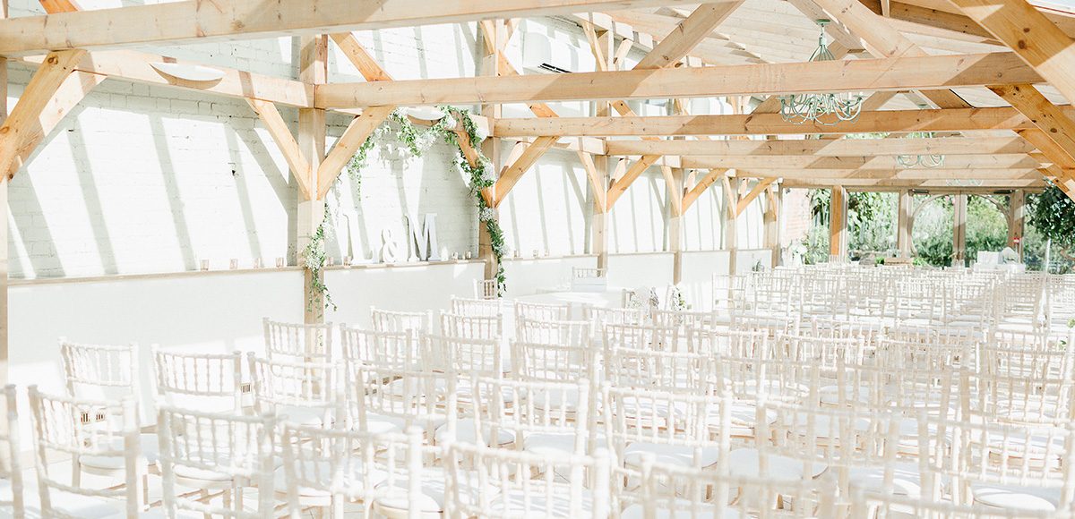 The Orangery at Gaynes Park in Essex is set up for a wedding ceremony