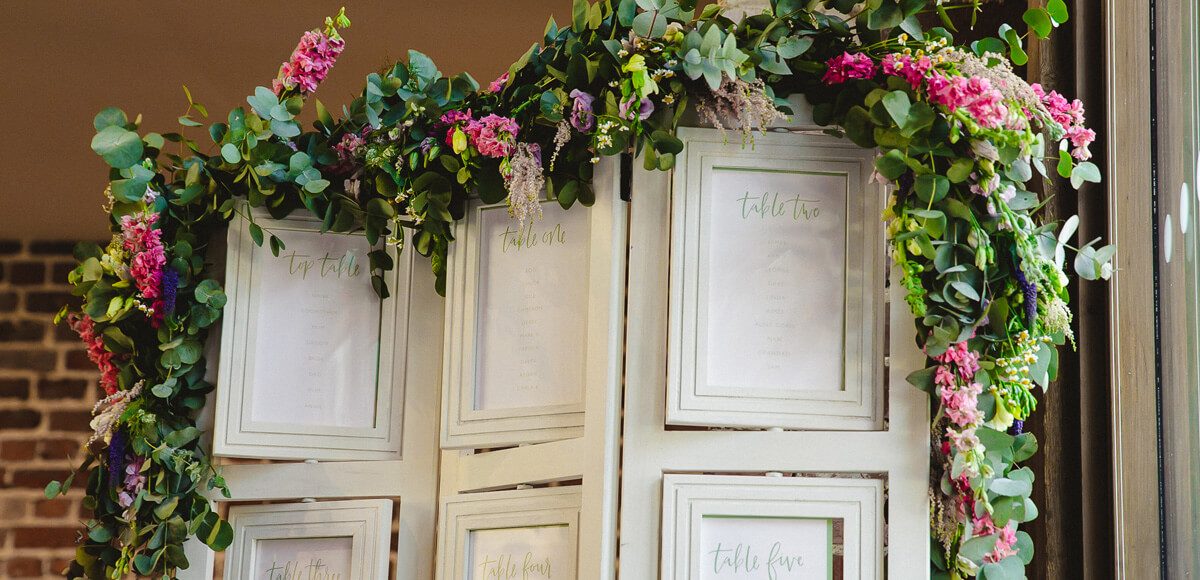 A table plan is adorned with flowers for a country feel wedding at Gaynes Park in Essex